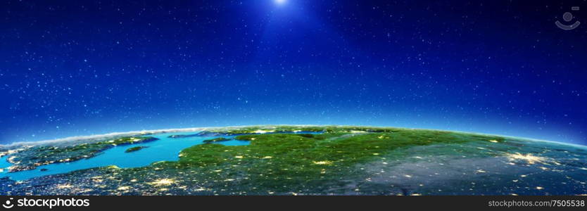 East Europe at night. Elements of this image furnished by NASA. 3d rendering. East Europe at night