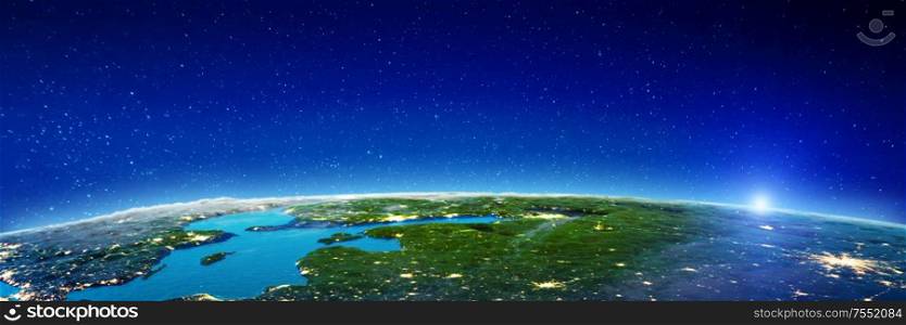East Europe city lights. Elements of this image furnished by NASA. 3d rendering. East Europe city lights