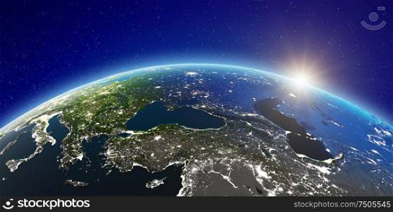 East Europe from space. Elements of this image furnished by NASA. 3d rendering. East Europe from space