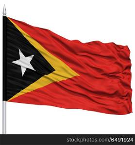 East Timor Flag on Flagpole , Flying in the Wind, Isolated on White Background
