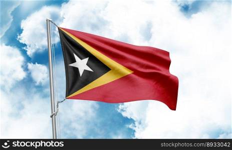 East Timor flag waving on sky background. 3D Rendering