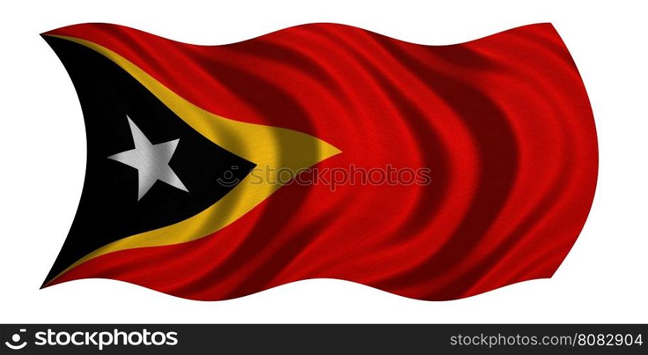 East Timorese national official flag. Patriotic symbol, banner, element, background. Correct colors. Flag of East Timor with real detailed fabric texture wavy isolated on white, 3D illustration