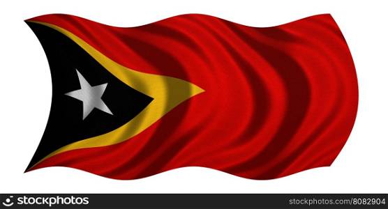 East Timorese national official flag. Patriotic symbol, banner, element, background. Correct colors. Flag of East Timor with real detailed fabric texture wavy isolated on white, 3D illustration