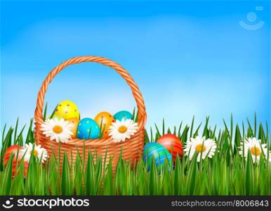 Easter background. Easter eggs and flower with basket in the grass. Vector