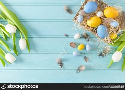 Easter background with blue and white eggs in wooden box and white tulips. Top view with copy space.