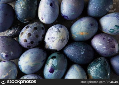 Easter background with colored eggs, flat lay. Easter background with eggs