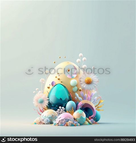 Easter Background with Copy Space In Glosy 3D Eggs and Flower Ornaments
