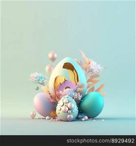 Easter Background with Copy Space In Shiny 3D Eggs and Flower Ornaments