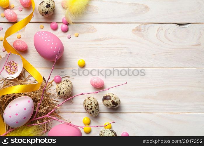 Easter background with easter eggs. Copy space. Top view