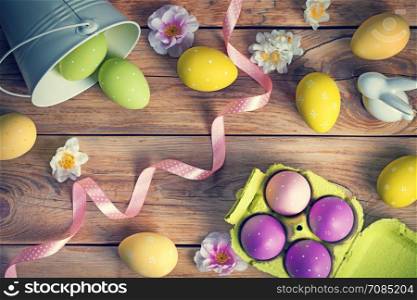 Easter background with Easter eggs. Top view.