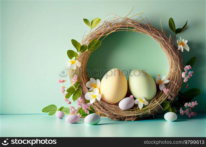 Easter background with empty frame nature. Illustration AI Generative 