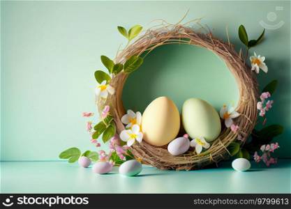 Easter background with empty frame nature. Illustration AI Generative 