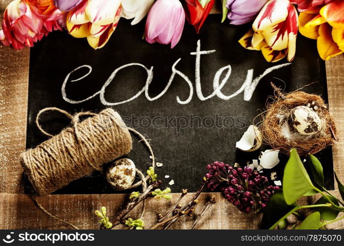 Easter background with flowers and decorations