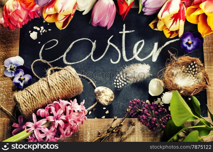 Easter background with flowers and decorations