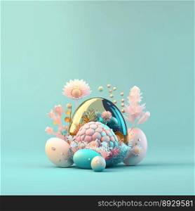 Easter Background with Glosy 3D Eggs and Flower Ornaments