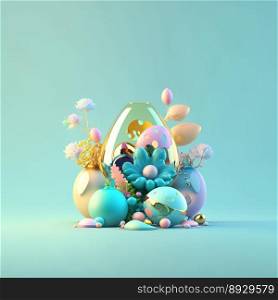 Easter Background with Shiny 3D Eggs and Flower Ornaments