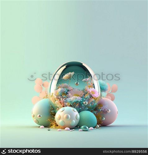 Easter Background with Shiny 3D Eggs and Flowers