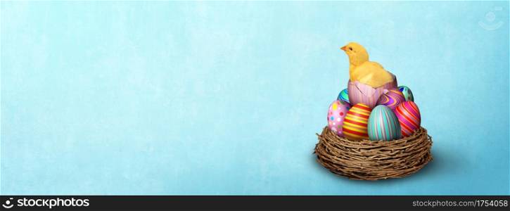 Easter banner spring season celebration with a yellow chick sitting on a pile of decorated painted eggs in a nest on a festive background with copy space and 3D illustration elements.