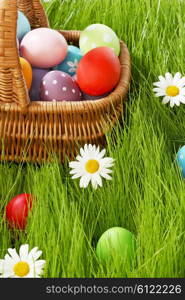 Easter basket with eggs on green meadow with flowers