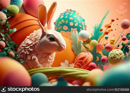 Easter beautiful fluffy rabbit in the grass in spring among flowers. Traditional holiday. AI generated.. Easter beautiful fluffy rabbit in the grass in spring among flowers. AI generated.