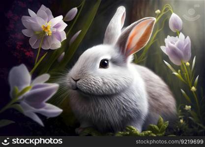Easter beautiful fluffy rabbit in the grass in spring among flowers. Traditional holiday. AI generated.. Easter beautiful fluffy rabbit in the grass in spring among flowers. AI generated.