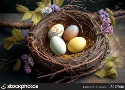Easter bird nest with color eggs. Easter decoration. 3D illustration.
