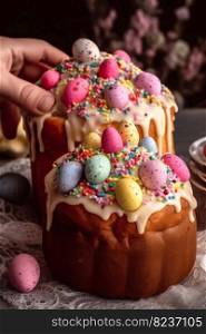 Easter bread kulich with eggs, icing and sprinkles. Generative AI. High quality illustration. Easter bread kulich with eggs, icing and sprinkles. Generative AI
