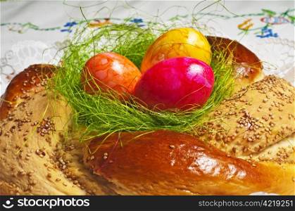 easter bread with painted eggs
