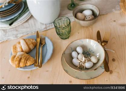 Easter breakfast: traditional eggs, fresh pastries. Serving the festive table