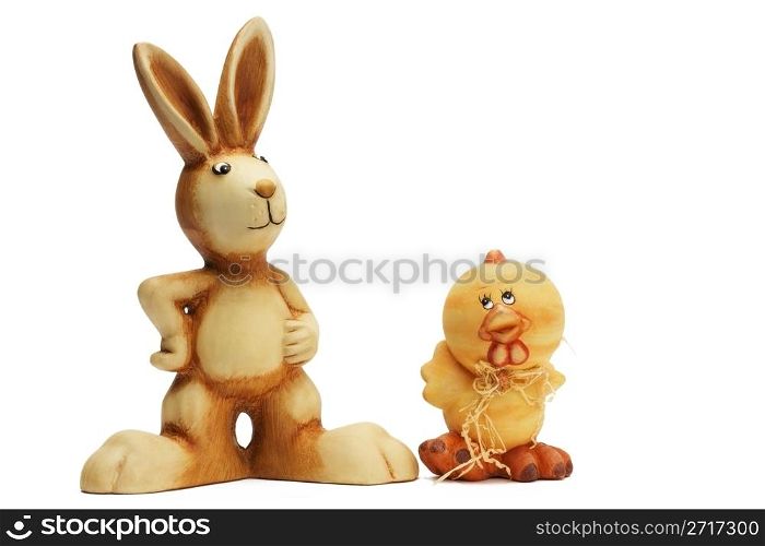easter bunny and chicken figurines. easter bunny and chicken figurines on white background
