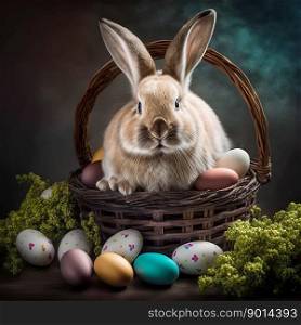 Easter bunny in a basket  with easter eggs. Generative AI.