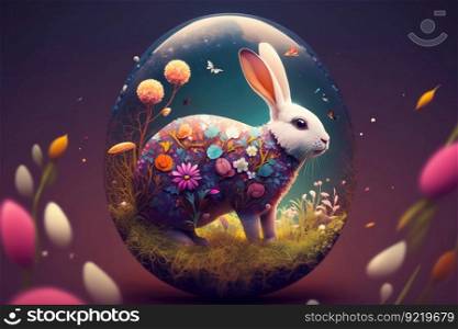 Easter bunny in flowers in a transparent egg, fantastic composition. Holiday greeting card. AI generated.. Easter Bunny in flowers in a transparent egg, fantastic composition. AI generated.