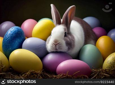 Easter bunny on a pile of colourful easter eggs illustration. AI generative.