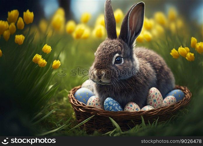 Easter bunny with a basket full of ornate eggs on a green lawn, sunny day. Generative AI.. Easter bunny with a basket full of ornate eggs on a green lawn, sunny day. Generative AI