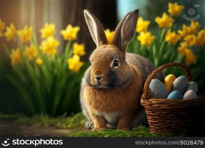 Easter bunny with a basket full of ornate eggs on a green lawn, sunny day. Generative AI.. Easter bunny with a basket full of ornate eggs on a green lawn, sunny day. Generative AI