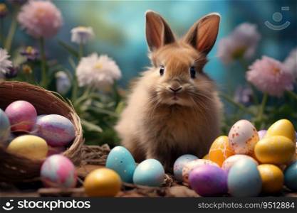 Easter bunny with basket and colored eggs in the forest. Easter bunny with basket and colored eggs