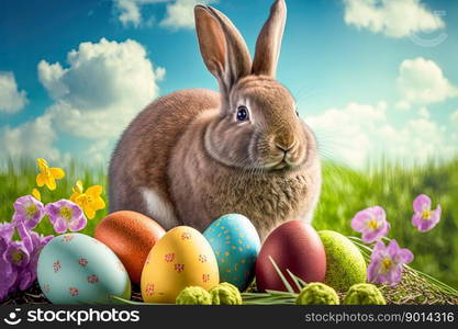 Easter bunny with colorful easter eggs illustration. Easter bunny with colorful easter eggs illustration. Generative AI.