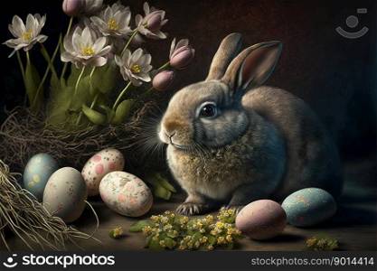 Easter bunny with easter eggs illustration in old-fashioned painting style. Easter bunny with easter eggs illustration in old-fashioned painting style. Generative AI.