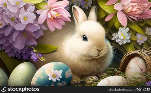 Easter Bunny with Easter eggs in beautiful colors. Generative AI.