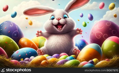 Easter bunny with many colorful easter eggs. Generative AI. High quality illustration. Easter bunny with many colorful easter eggs. Generative AI