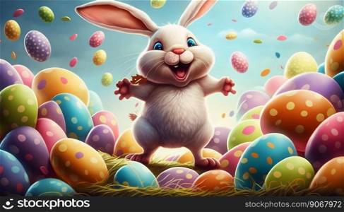 Easter bunny with many colorful easter eggs. Generative AI. High quality illustration. Easter bunny with many colorful easter eggs. Generative AI