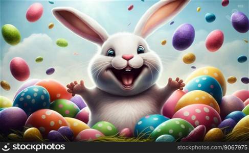 Easter bunny with many colorful easter eggs. Generative AI. High quality illustration. Easter bunny with many colorful easter eggs. Generative AI