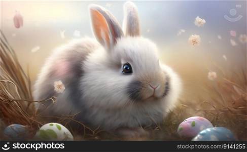 Easter bunny with pa∫ed eggs. Easter card.≥≠rative ai