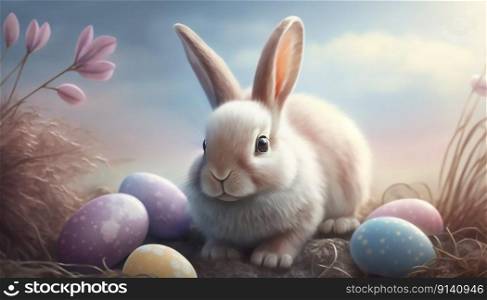 Easter bunny with painted eggs. Easter card. generative ai