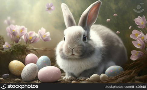 Easter bunny with painted eggs. Easter card. generative ai