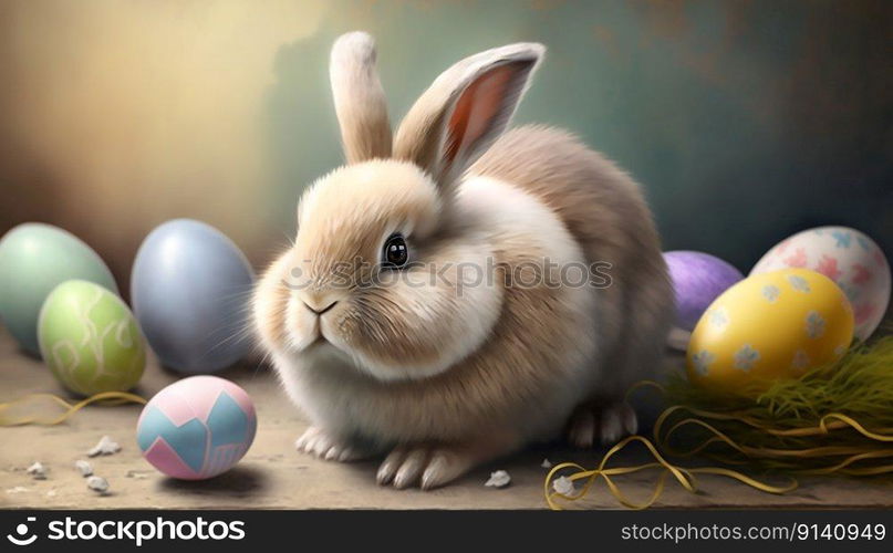 Easter bunny with painted eggs. Easter card. generative ai