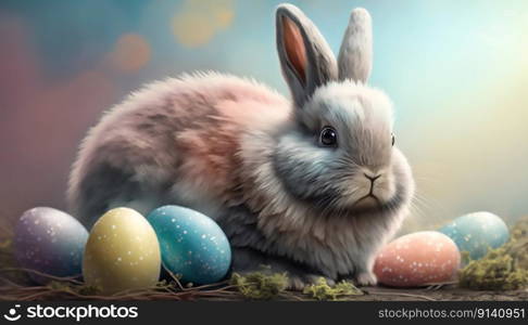 Easter bunny with painted eggs. Easter card. generative ai