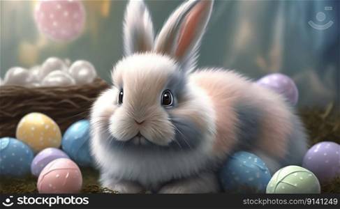Easter bunny with painted eggs. Easter card. generative ai
