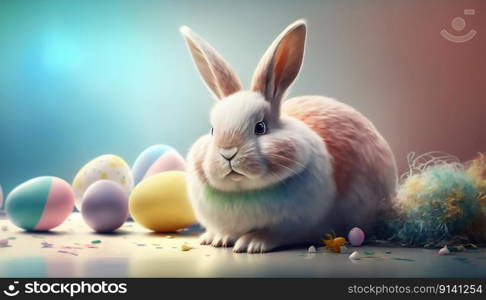 Easter bunny with painted eggs. Easter card. generative ai