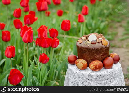 Easter cake on a background of red tulips in the garden. Festive composition on a blurry background of flowers on a clear sunny day.. Easter cake on a background of red tulips in the garden.